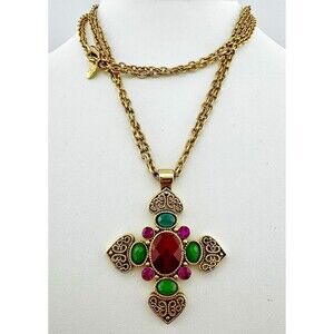 Robert Rose Gold Tone Layered Chain Cross Necklace Rhinestones Purple Green Blue